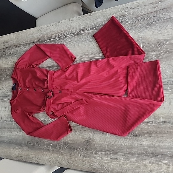 Asos Design Long Sleeve Button Front Belted Corduroy Jumpsuit in Burnt Red - Picture 4 of 11